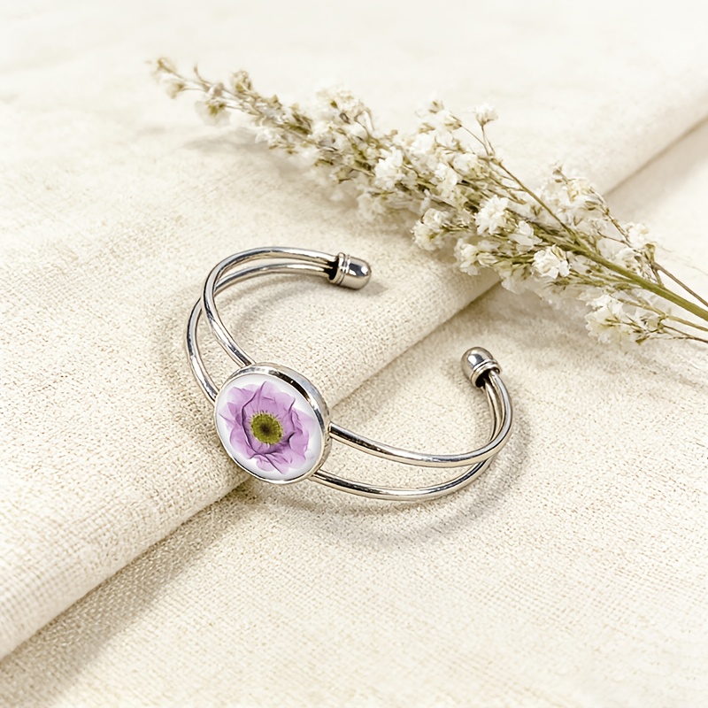 Women's Adjustable Open Bangle with Purple Flower & Green Petals, Minimalist Gift