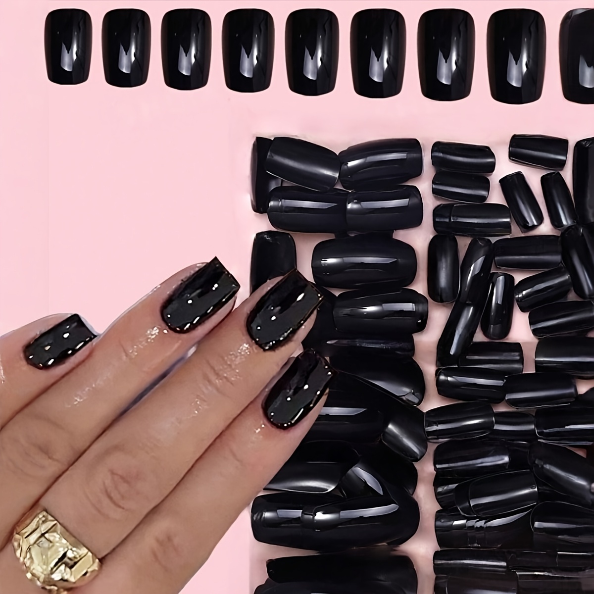TEMU 96pcs High-end Black Short Square Fake Nails, Press-on Nail Tips, Sunny And Elegant, Simple Black Press-on Nails Suitable For Women' And Party