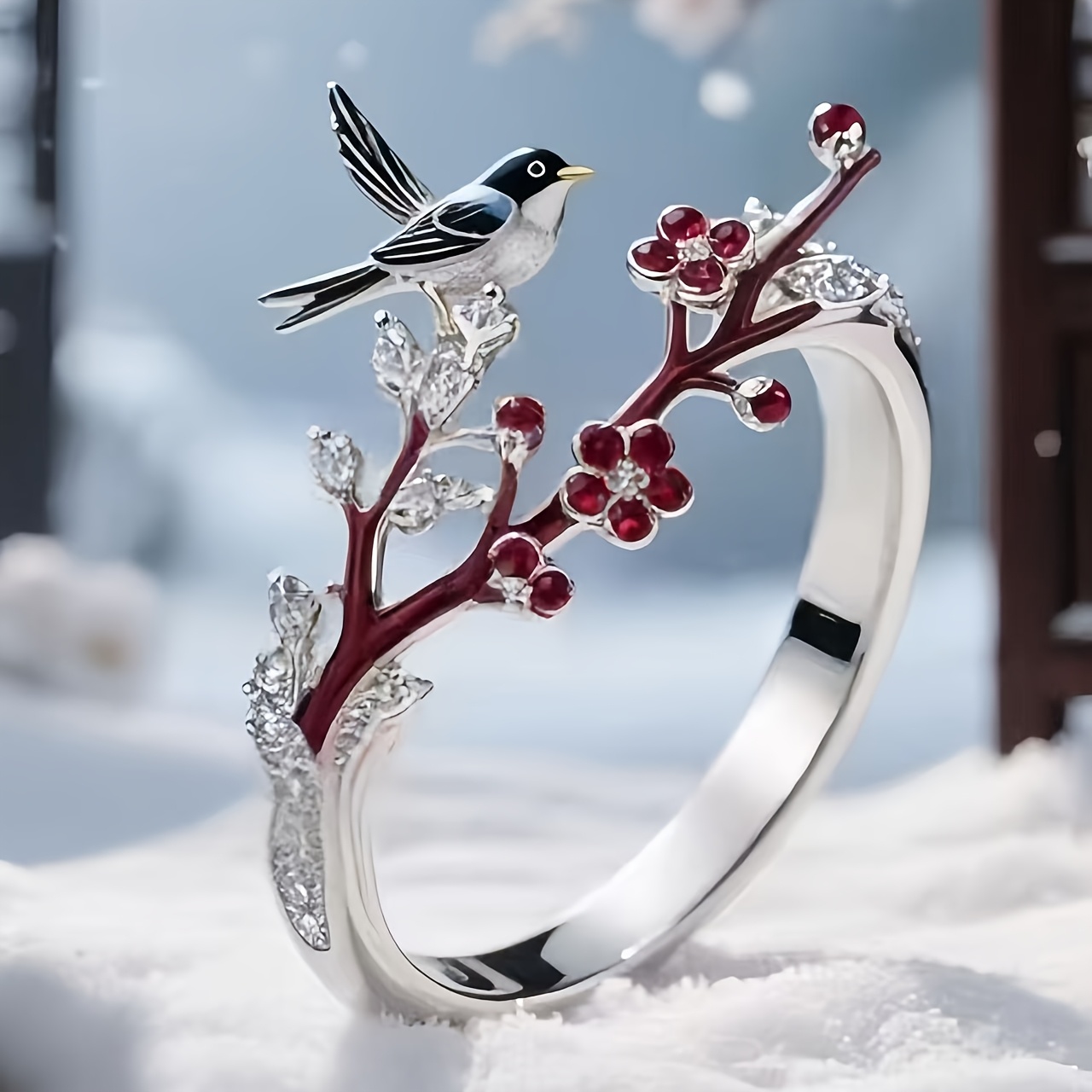 TEMU S925 Pure Silvery Elegant Women's Ring With Magpie And Design, Elegant Natural Inspiration Jewelry Is Perfect For Valentine's Day, Thanksgiving,