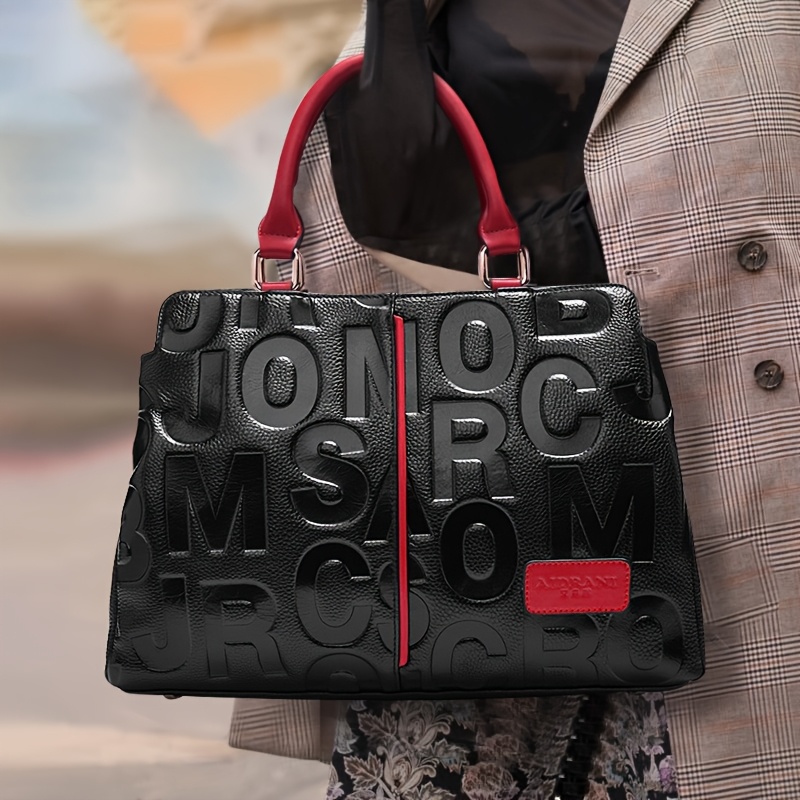 Genuine Genuine Leather Wo 's Shoulder Handbag - Black With Red Accents & Joejoe Lettering, Spacious Zipper Closure Handbag For Work, Casual, Formal Occasions, Polyester Lined Interior