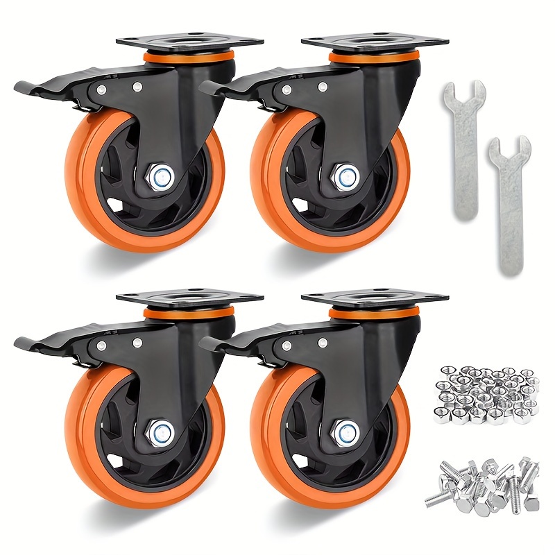 

Casters, 4" Caster Wheels, Casters Set Of 4 Heavy Duty - Orange Polyurethane Castors, Top Plate Swivel Wheels, 4-pack Industrial Casters With Brake, Locking Casters For Furniture And Workbench