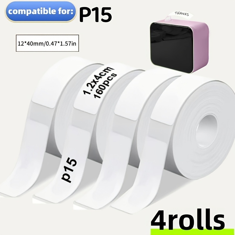 

4 Rolls Bbshan Adhesive Stickers, 1.2x4cm (0.472*1.57in), Continuous Sticker, White, 160 Sheets Per Roll, Compatible With P15, Made Of Paper