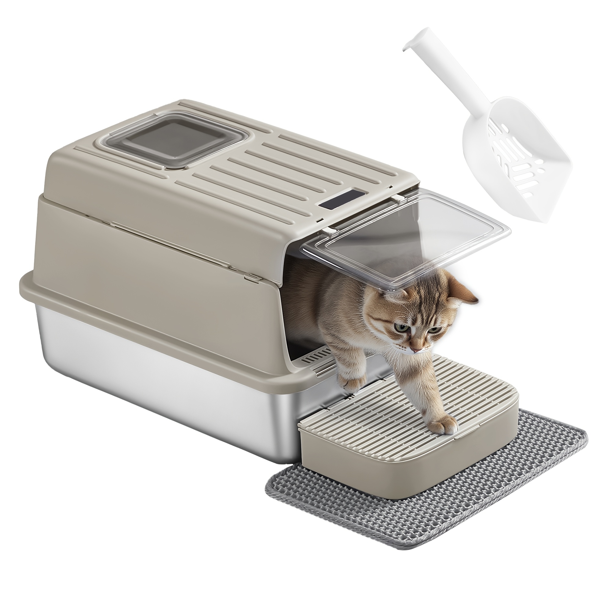 Image of Stainless Steel Cat Litter Box, Cat Toilet With Pp Plastic Lid, With Shovel, Cat Litter Mat And 2 Entrances, To Isolate Odors, Made Of Stainless Steel, Easy To Clean