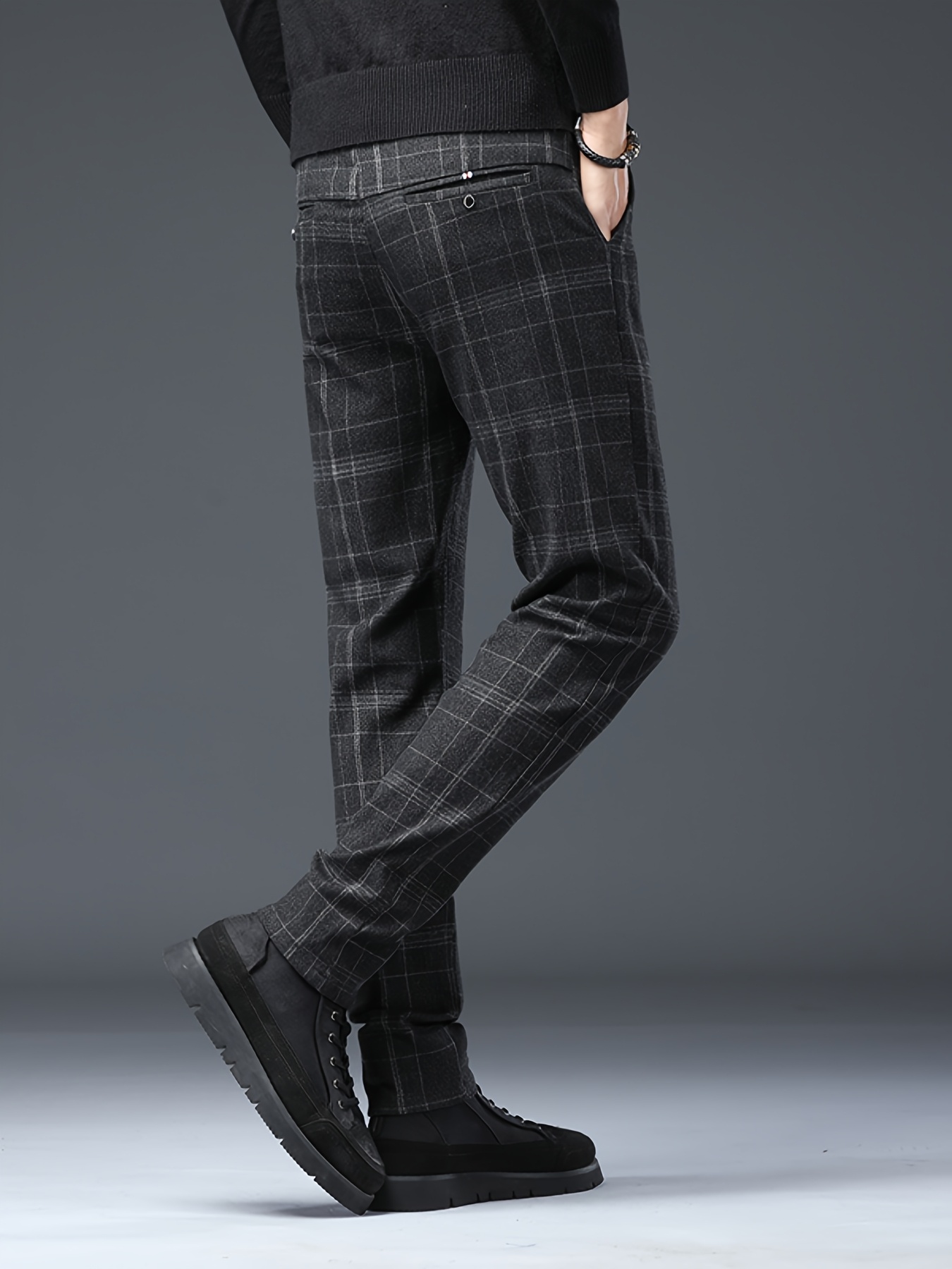 mens   fit straight leg plaid pants brushed stretchy comfortable stylish new   for autumn and winter Product details 2