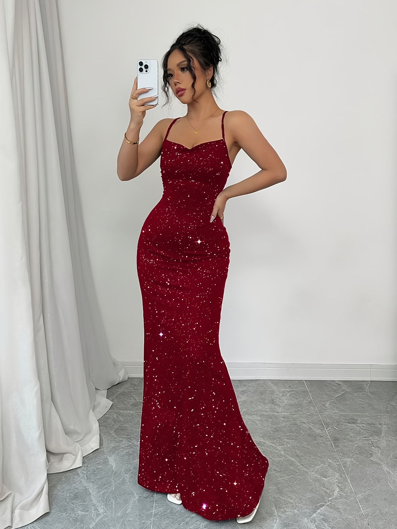 Elegant Women'S Autumn Long Dress, Red/Black * Sequined Gown, Backless *  Sequin Dress, Solid Color Graduation Dress/Wedding Gown, Suitable for Party  Attire/Holiday Formal Wear, Christmas Dress