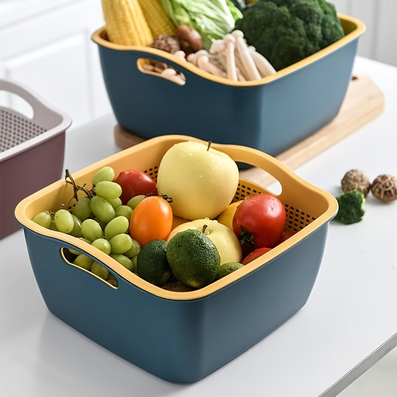 2pcs set multifunctional plastic kitchen colanders double layer vegetable washing basin with draining basket durable fruit basket non electric food service equipment for kitchen use Product details 0