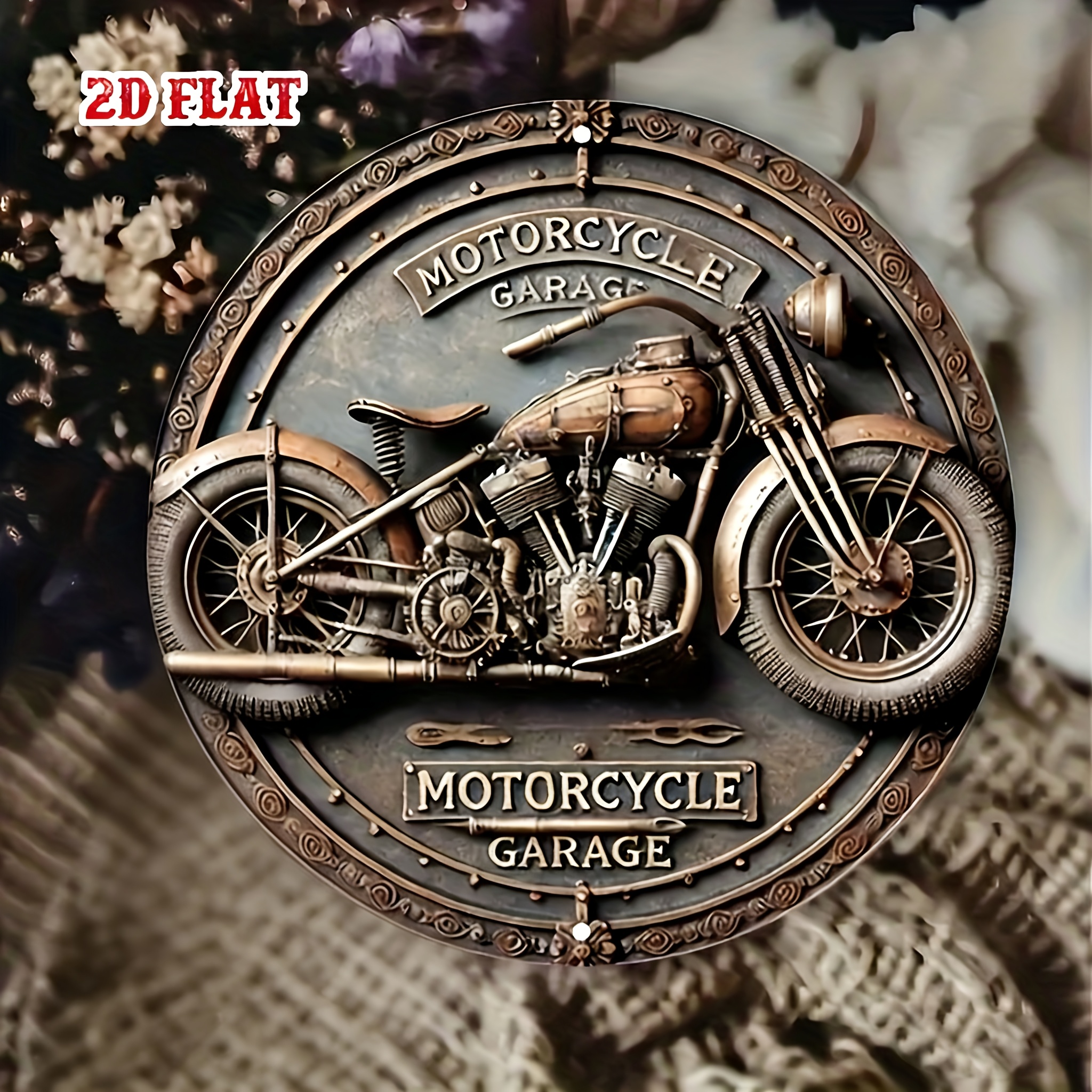 E-shop 2D Flach, 1 Stück Vintage Motorrad Garage Metall Wanddekoration – Extra Groß 50cm/19,7" Rundes Garageschild mit Motorrad-Design, Hochwertige