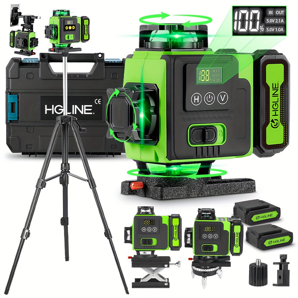 1 set of 16 wire 4d green laser level kit 4  professional cross horizontal vertical line laser tool for construction tiling picture hanging 4d laser level with 2 rechargeable batteries