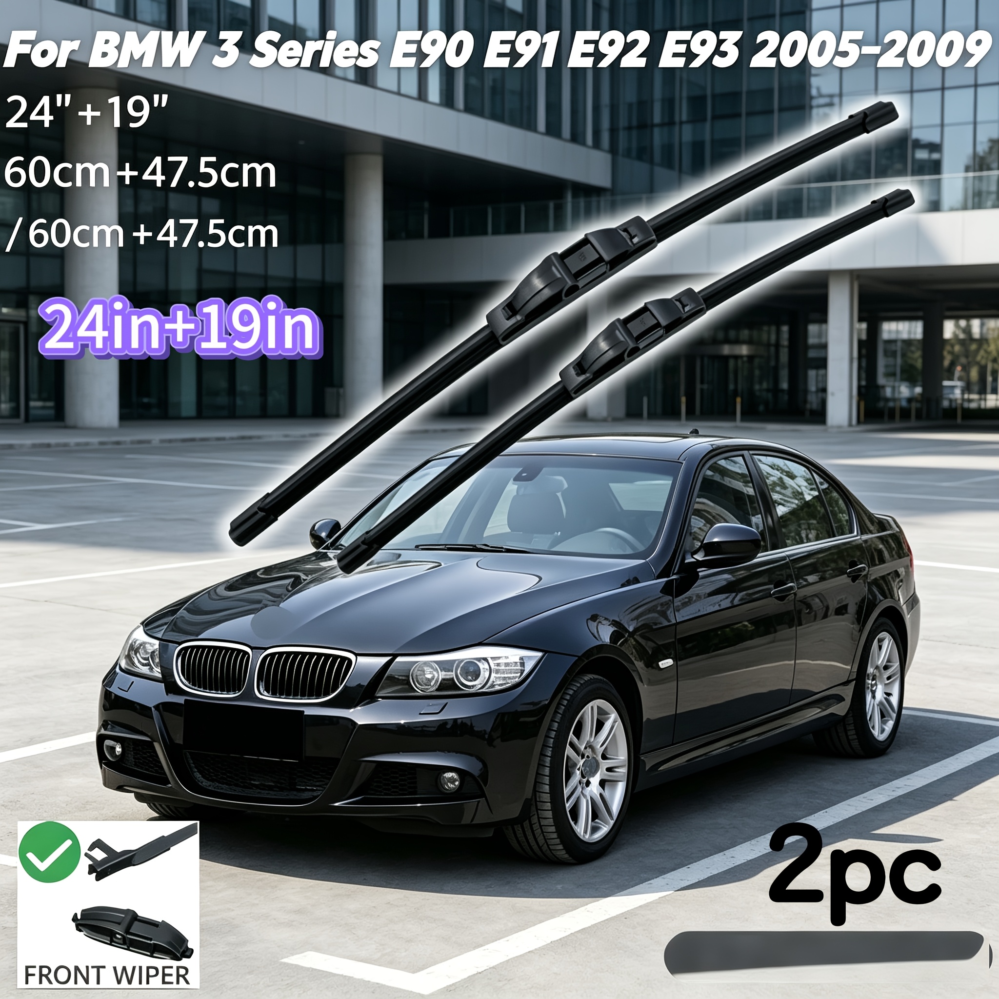 TEMU Front Windshield Wiper Blades For E90 E91 E92 E93 2005-2009, 2pcs Car Replacement Wipers 60.96cm & 48.26cm Auto Windshield Wiper Accessories