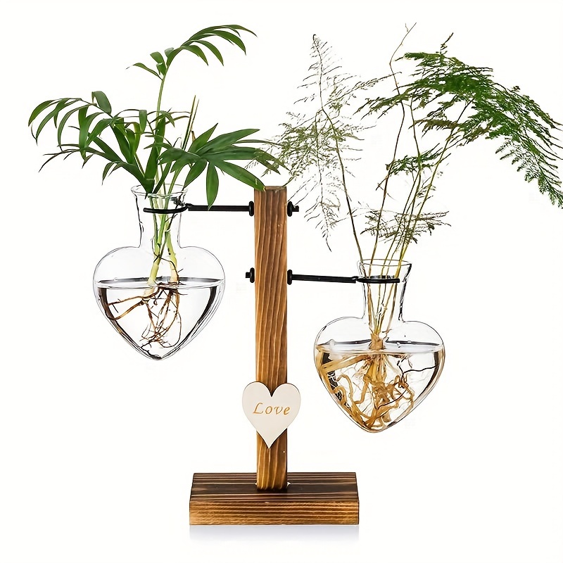Image of A Glass Vase With A Wooden Frame, A Creative Heart-shaped Hydroponic Vase, A Modern Plant Propagation Station Desktop Planter Bulb Vase, Suitable For Home Desktop Decoration