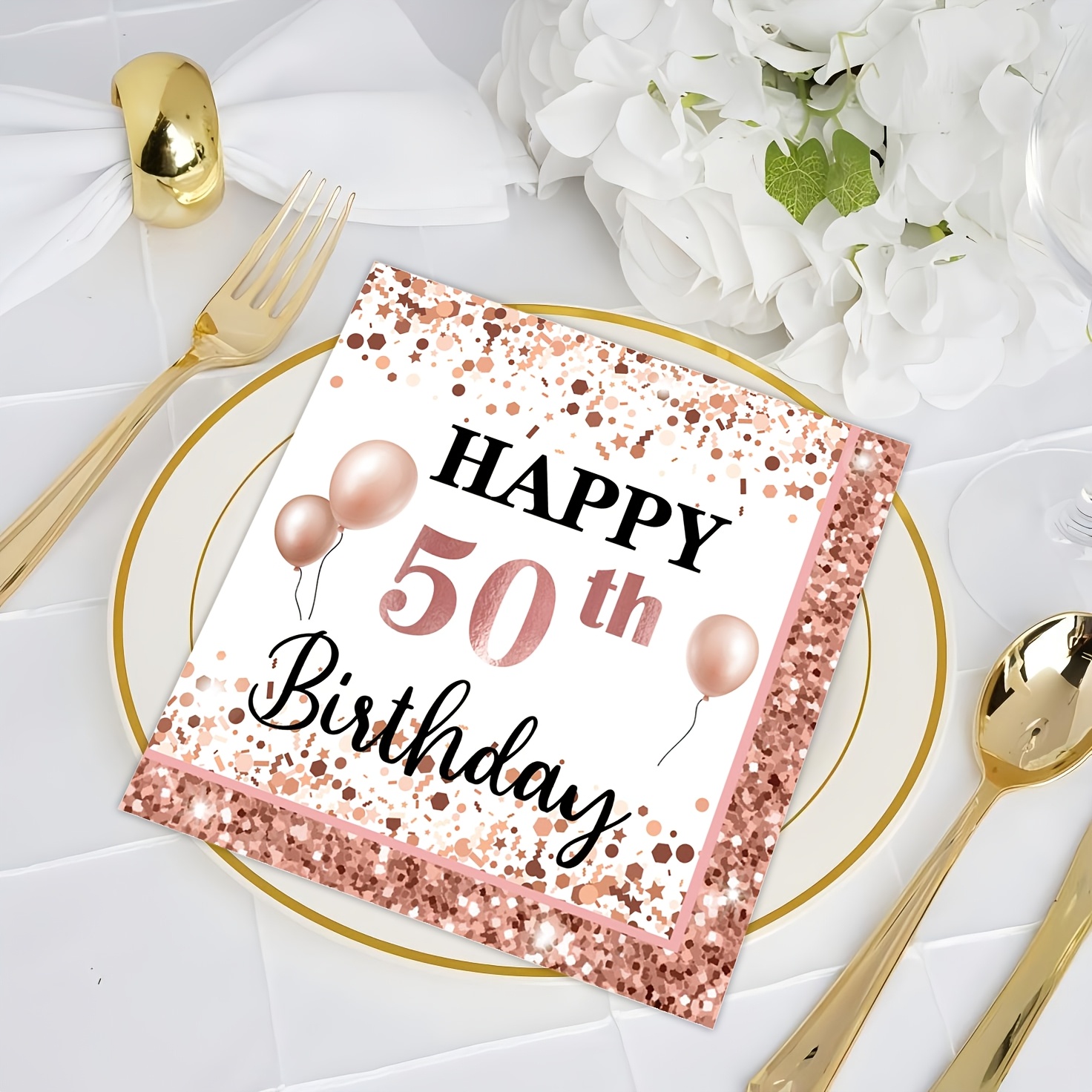 Image of 24pcs Rose Golden 50th Birthday Disposable Party Napkins, Birthday Party Decorations, Perfect For Family Parties, Restaurant Events, And Holiday Supplies For Halloween、christmas