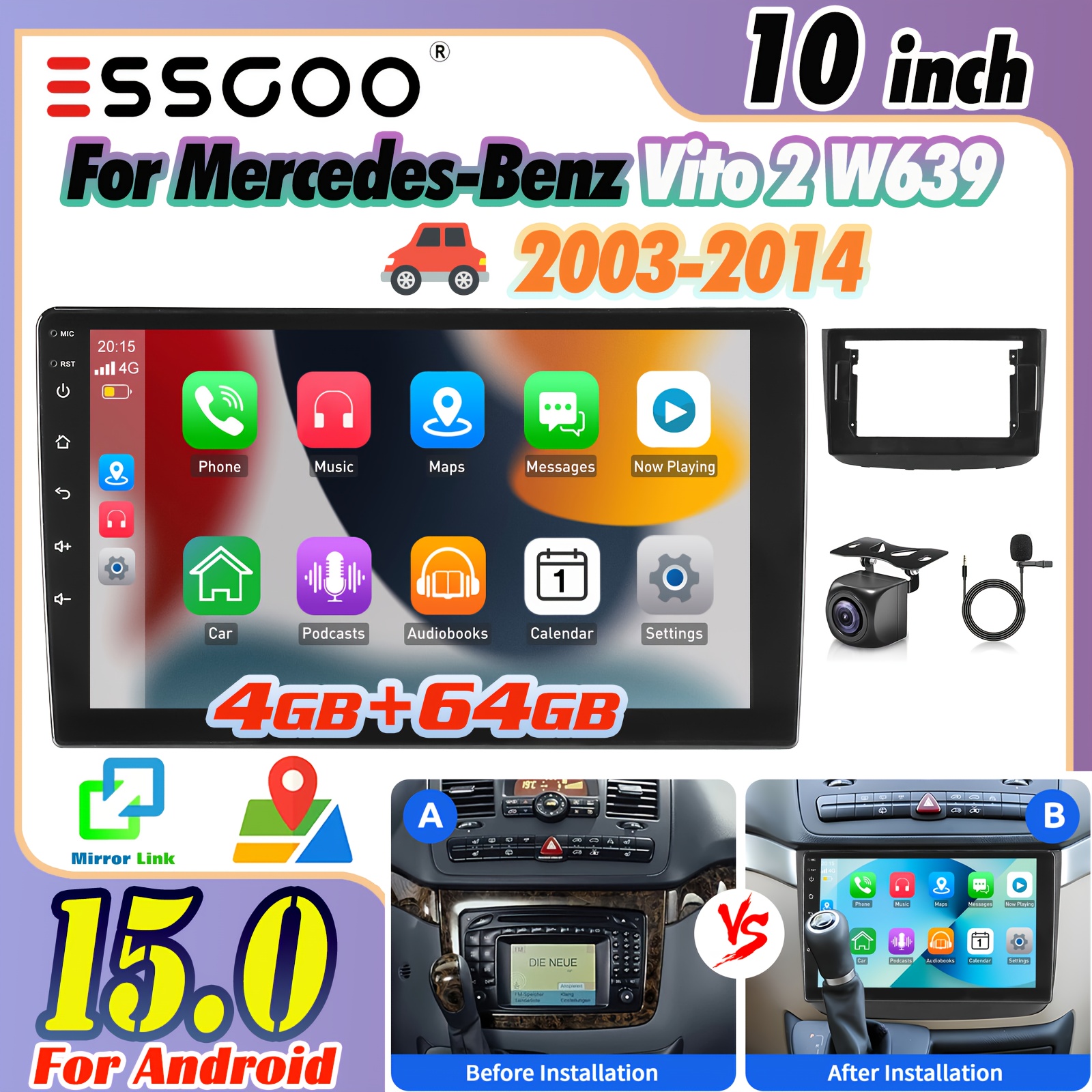 Essgoo 10 Inch Auto Car Stereo For Mercedes-benz 2 W639 2003-2014 | 2din 4gb+64gb Touch Screen With Gps | , Auto, B-t , Eq Settings, Steering Wheel Control, Ahd Camera & Microphone