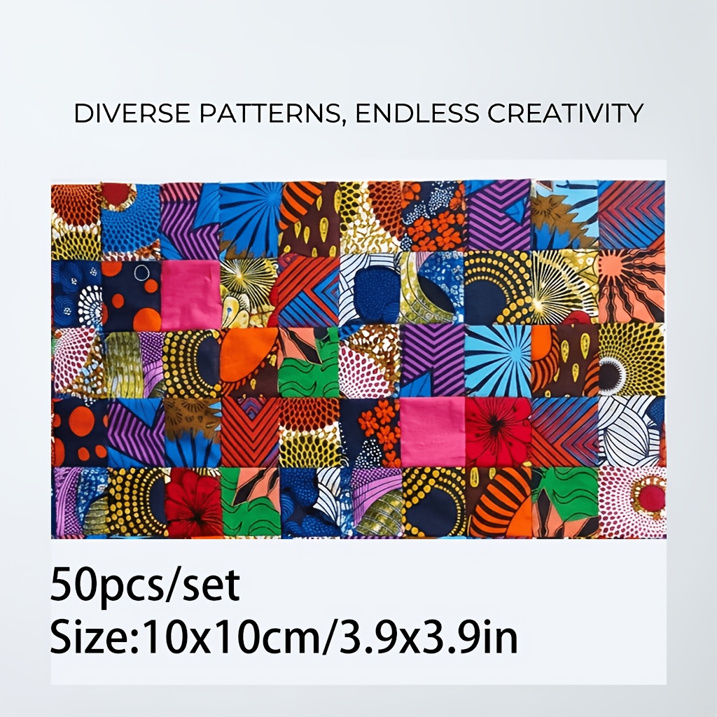TEMU 50pcs Random Color African Print Fabric Squares - Pre-cut Polyester Set | Vibrant Quilting Patches For Sewing, Home Decor And Bag Making |