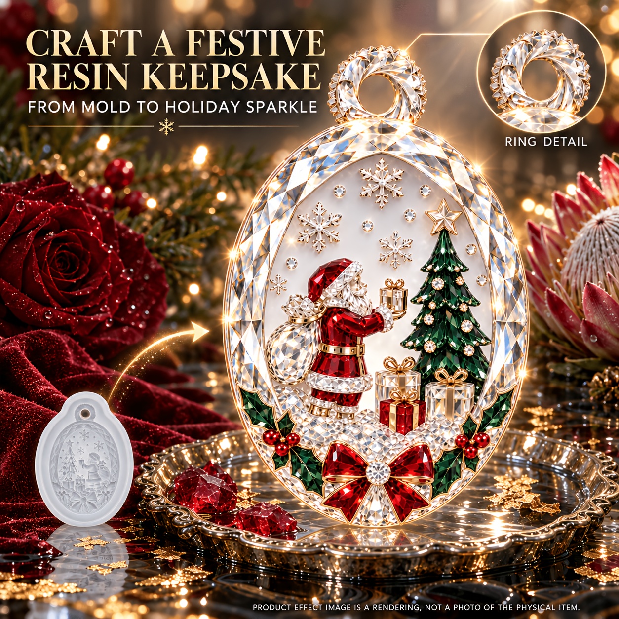 TEMU Moule en résine et silicone pour décoration de Noël et du An à soi- - Moule ovale/elliptique scène de Père Noël, arbre et cadeau avec trou de