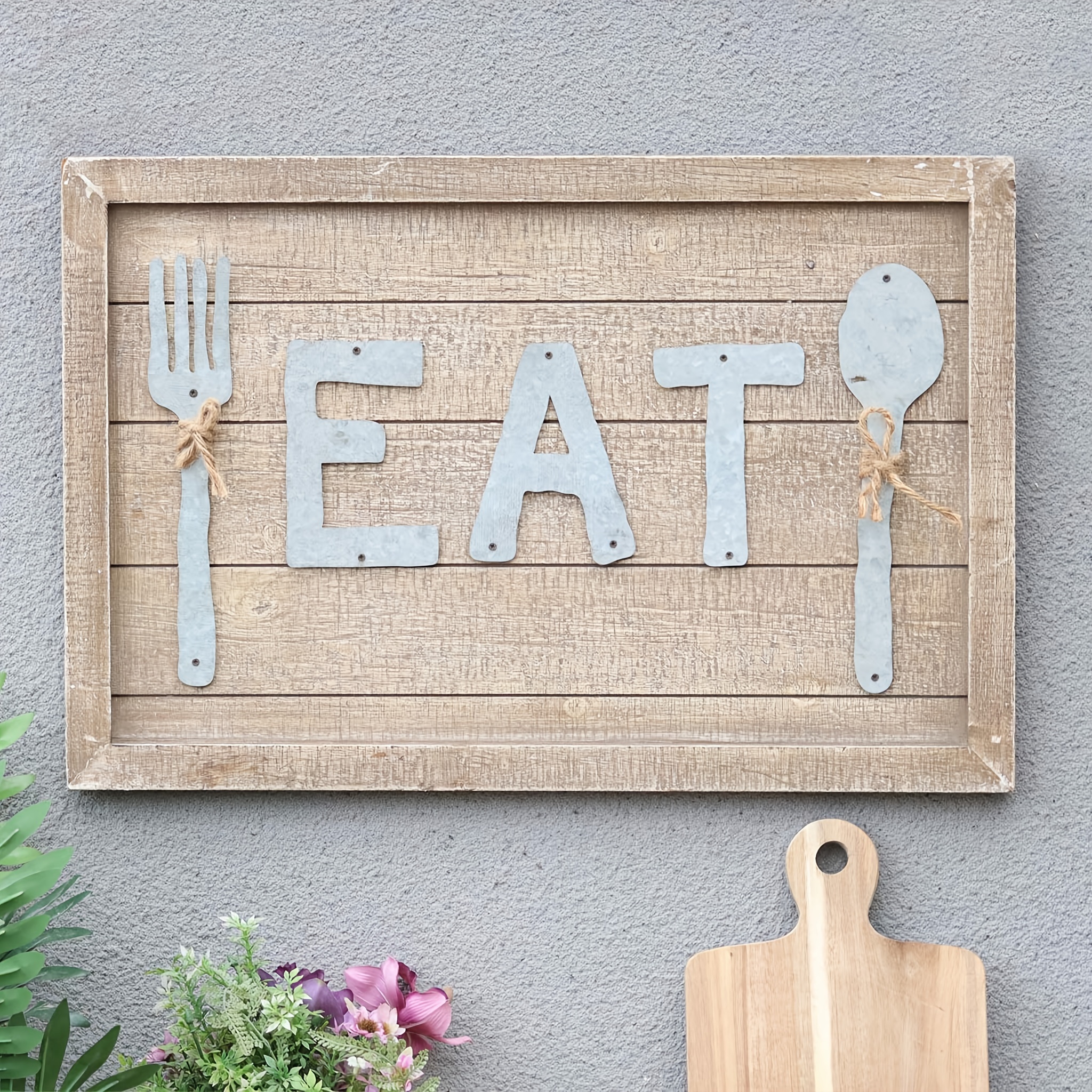 

Distressed Wood Framed Eat Sign Decor With Galvanized Letters, Fork And Spoon, Funny Wall Art, Farmhouse Wooden Sign