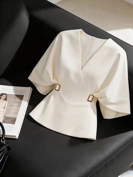womens summer v neck batwing sleeve design waist cinching versatile shirt suitable for office casual travel graduation season parties and daily wear