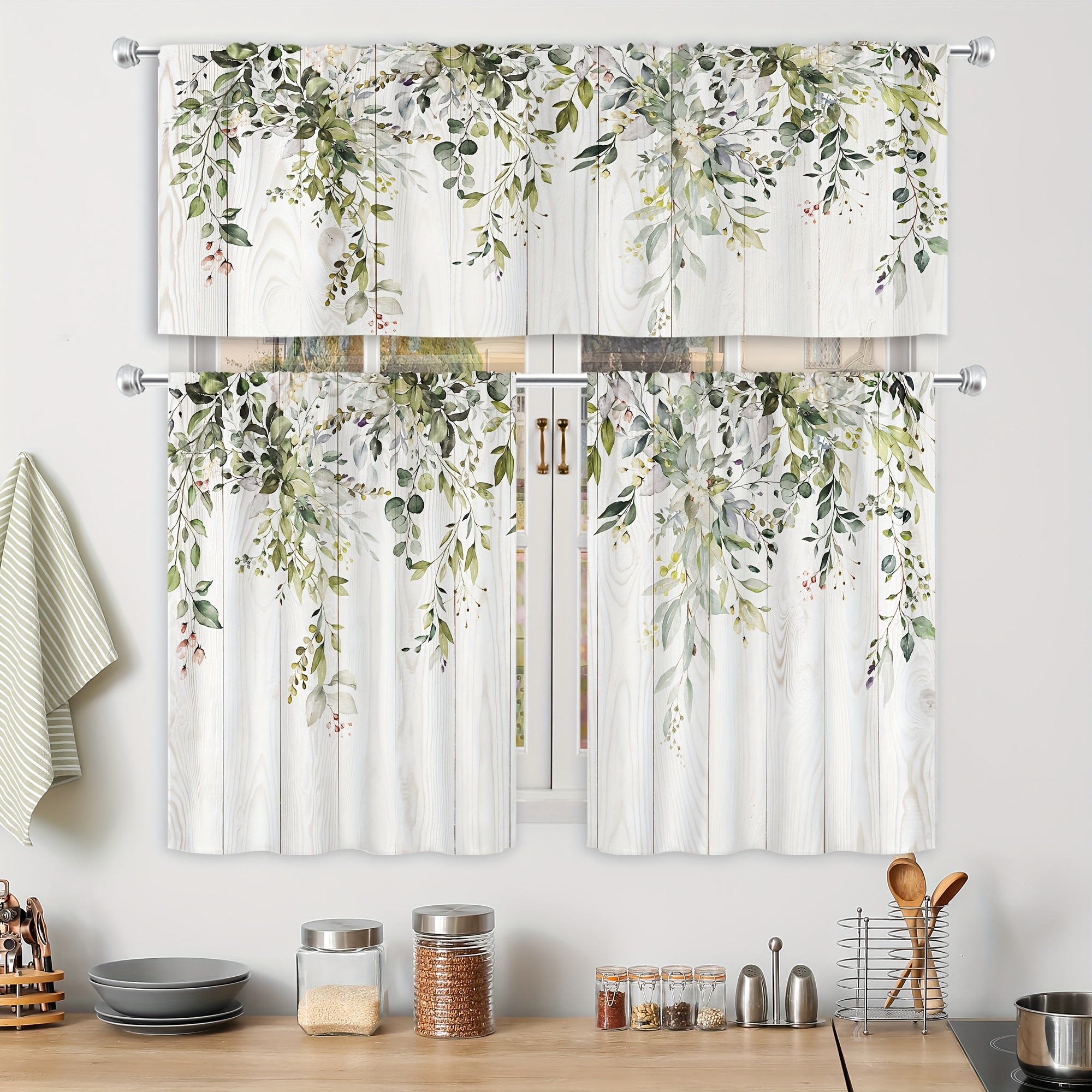 

3pcs Eucalyptus Leaves Kitchen Curtains And Valance Set 3 Pieces Kitchen Curtains Sets, Watercolor Flower Plant Rod Pocket Valance And Curtain Set, Office Living Room Bedroom Dining Room Home Decor