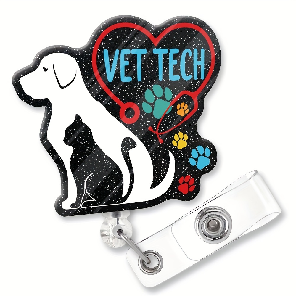 1pc Vet Tech Funny Glitter Badge Reel Retractable with Metal Shark Clip, Cute Badge Holder for Veterinary, Birthday Graduation Gift for Doctor