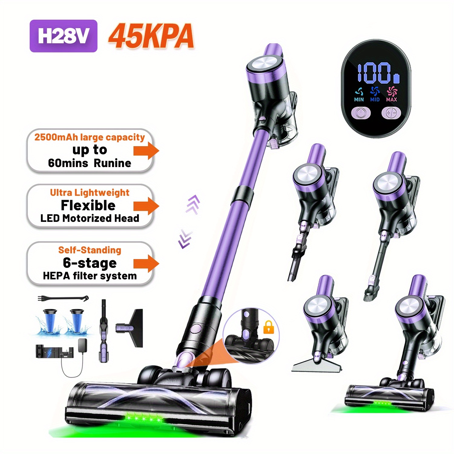 Bezprzewodowy Odkurzacz Domowy o Wysokiej Mocy Ssania, 10-w-1 Wielofunkcyjny Odkurzacz z Rączką, Zasięg 45 Minut, 3 Tryby Ssania z Ulepszonymi Zielonymi Diodami LED i Szczotką Bez Zaplątywania do Domu, Drewnianych Podłóg, Dywanów i Sierści Zwierząt