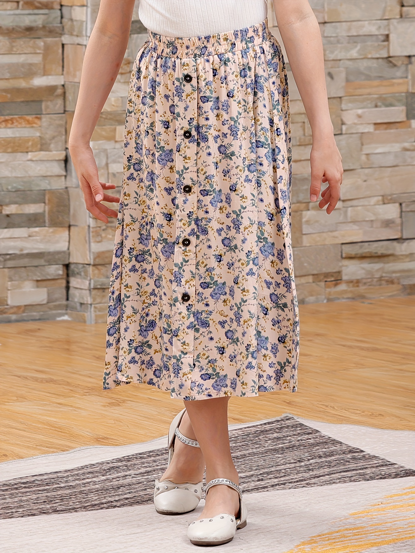 girls casual versatile floral skirt elastic waist holiday Temu