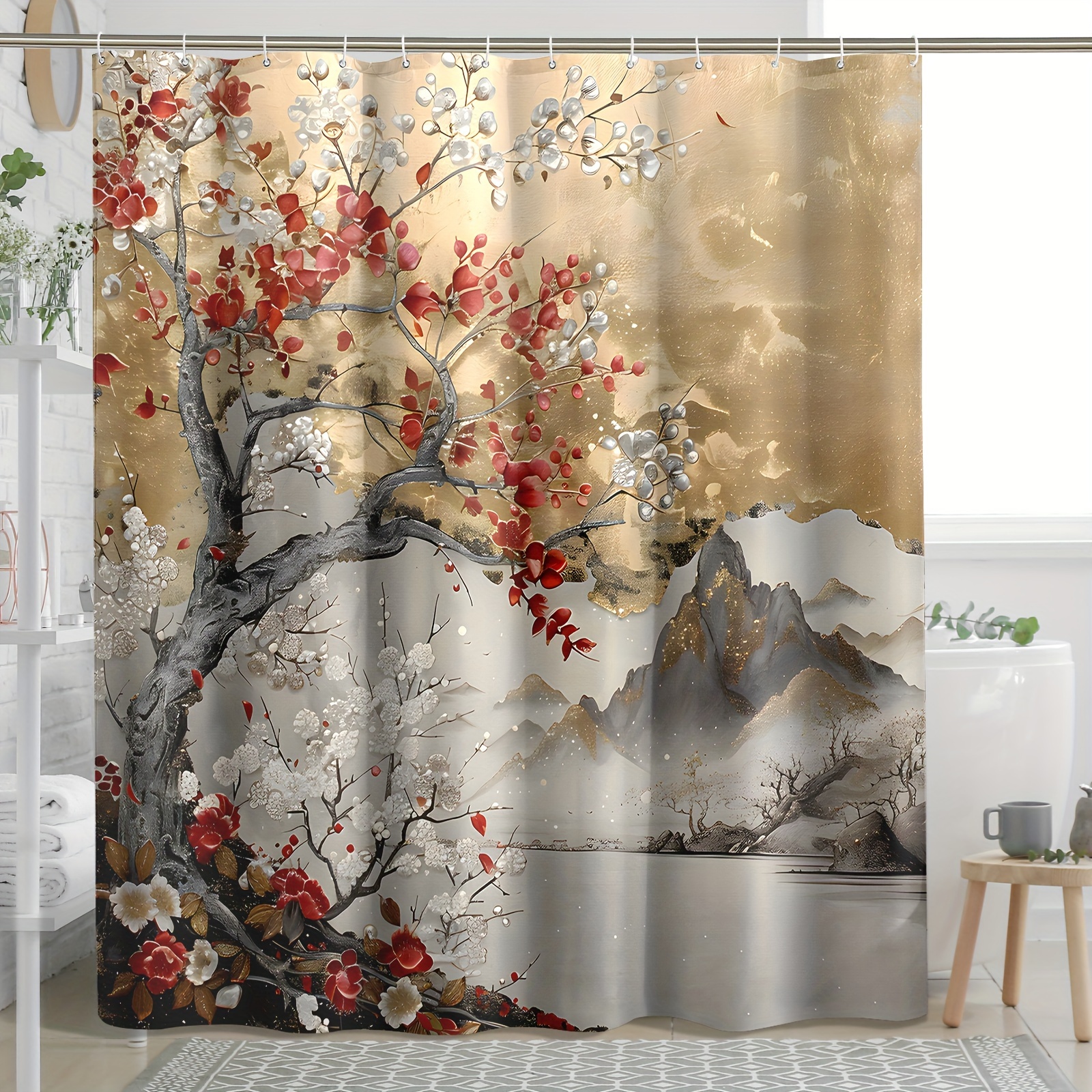 

Vintage Chinese Style Polyester Shower Curtain With Mountain And , Water-resistant, Machine Washable, Includes 12 Hooks - Rustic Home Bathroom Decor, 71x71 Inch