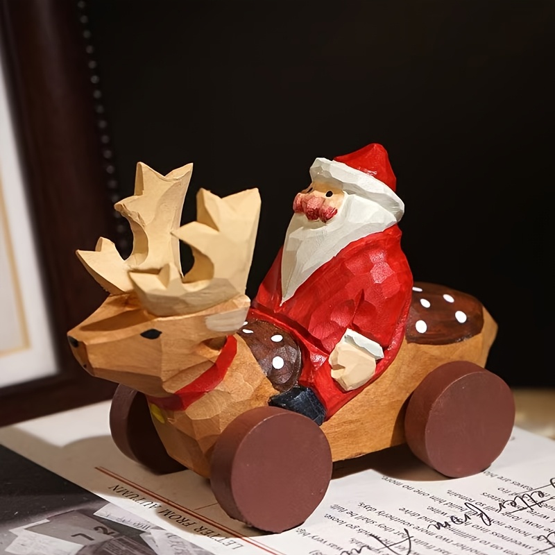 TEMU 1pc Collectible Figurine Hand-carved Wooden Santa Riding Reindeer Car Figurine, Hand-painted Xmas Sleigh Cart Statue, Christmas Tabletop Decor,