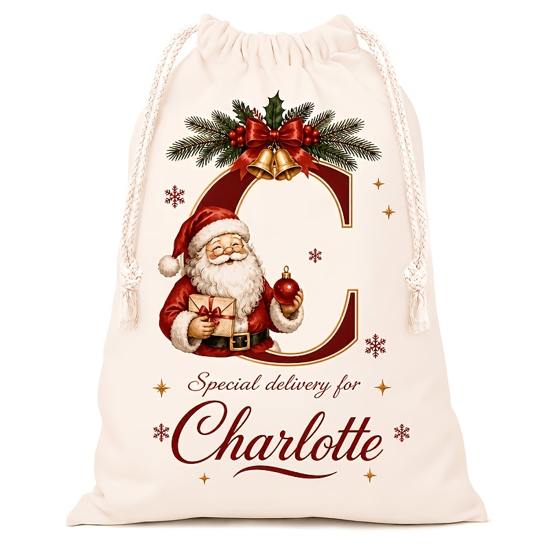 TEMU Bolsa de regalo de lona navideña personalizada con y , personalizable, bolsa de tela grande personalizada con estampado de Papá Noel, regalo de