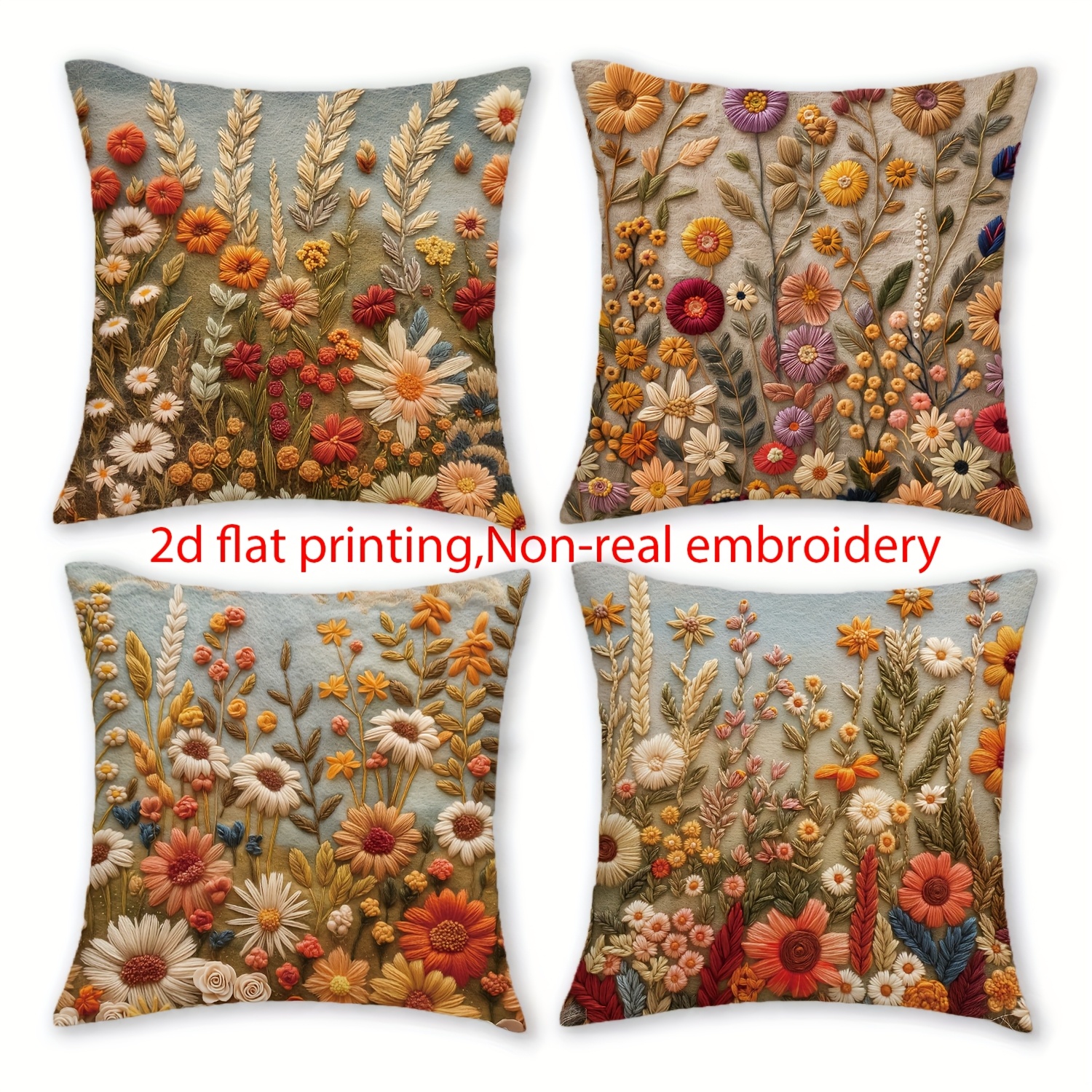 TEMU 2d Flat - Set Of 4, 2d Flat Throw Pillow Covers Featuring Autumn Prints, Designed With Bohemian Style Flowers And Leaves, Non-real Embroidery Decor. Each Cover Measures 18 Inches By 18 Inches
