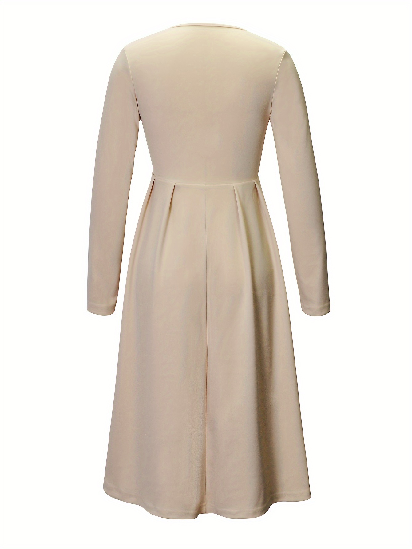 שמלה אלגנטית בגזרת א בצבע בז' עם צווארון ושרוולים ארוכים ארוכים - מושלמת לאביב/, עור, צורה, דמות, נשים לבוש קז'ואל|שמלה עם מחשוף V|פרט ללא כפתורים דמויי עור