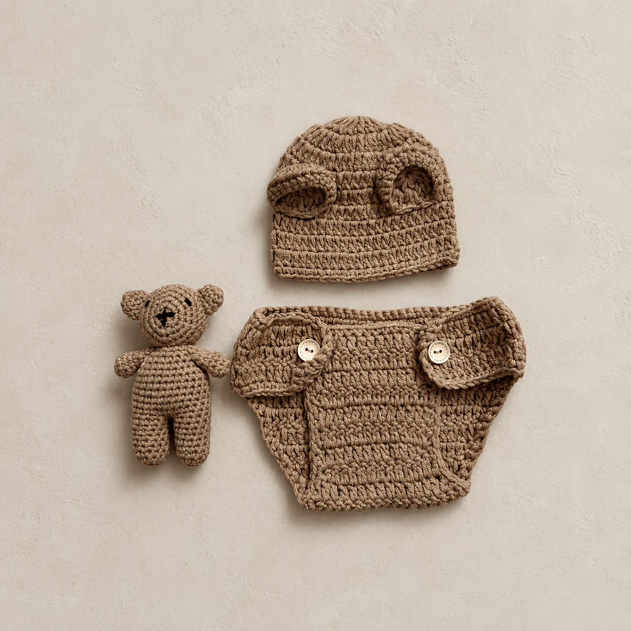 Image of Photography Props Newborn Photography Clothing Prop 3pcs Set, Knitted Cute Bear Outfit, Unisex Baby Birth Anniversary Gift, Home And Studio Props, Handmade Crochet Baby Clothes
