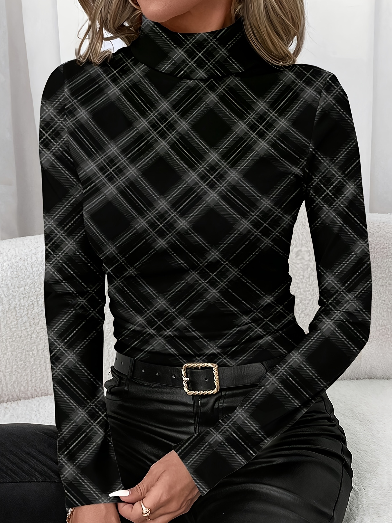 item picture elegant special edition high neck plaid print long sleeve base layer suitable for daily wear   layering and commuting casual wear  
