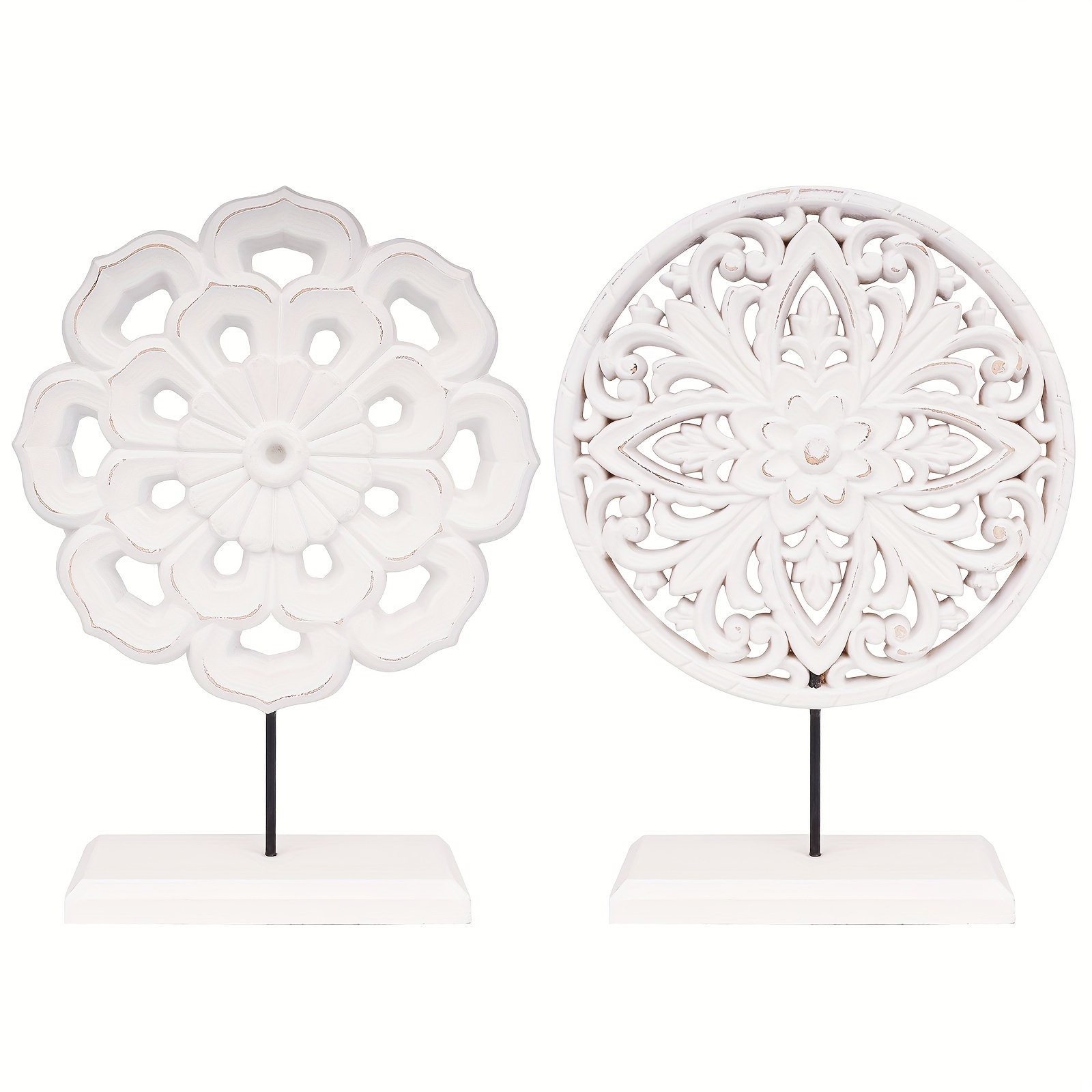 

2 Pack Wooden Carved Cutout Flower Medallion Sculpture, Rustic Distressed White Statues Home Tabletop Decor, Decorative Ornaments For Living Room, Bedroom, Office Desktop, Cabinets