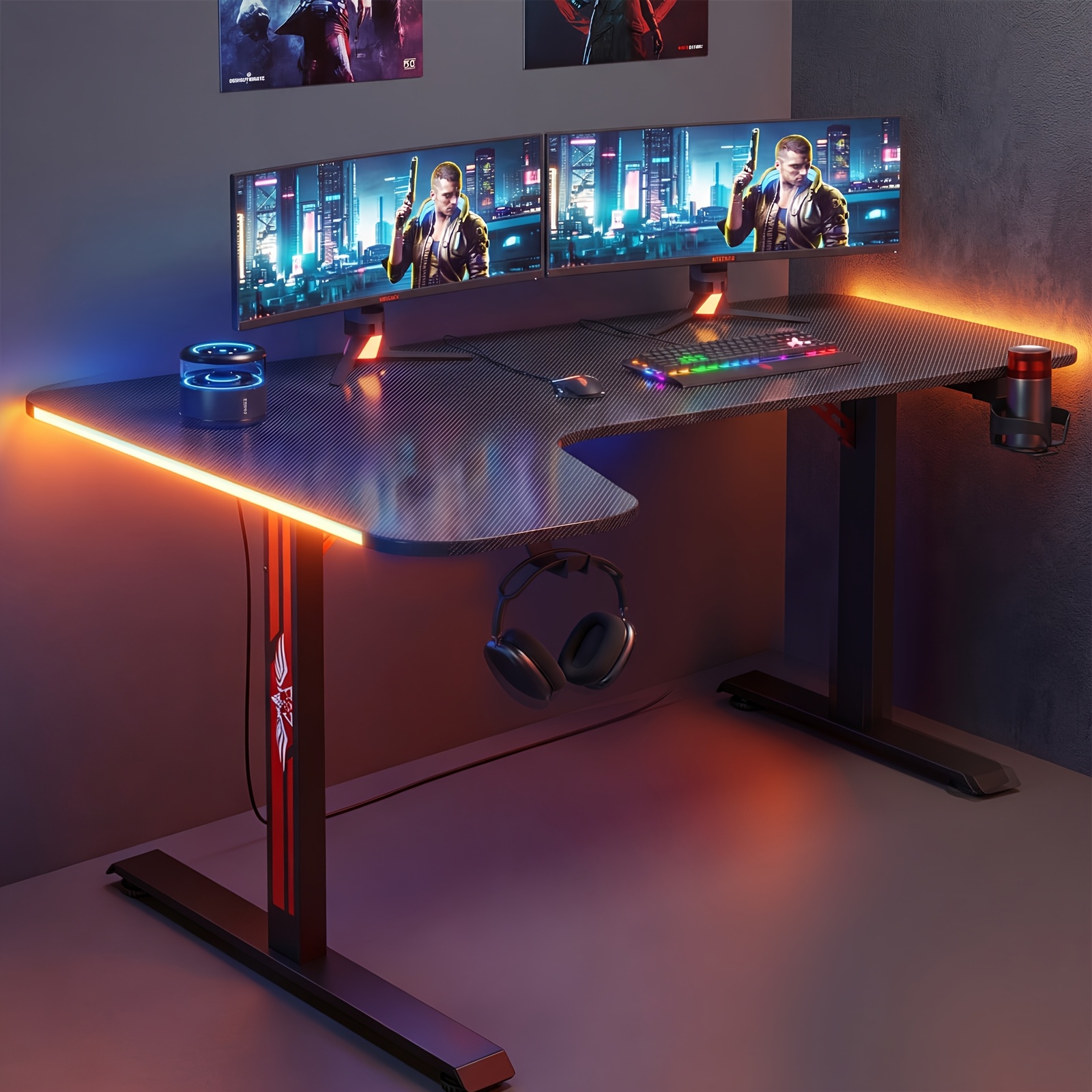 TEMU Gaming Desk L Shaped Desk With Led Light, Black Computer Desk Carbon Fiber Desktop Office Desk With Cup Holder And Headphone Hook, 160cm Large