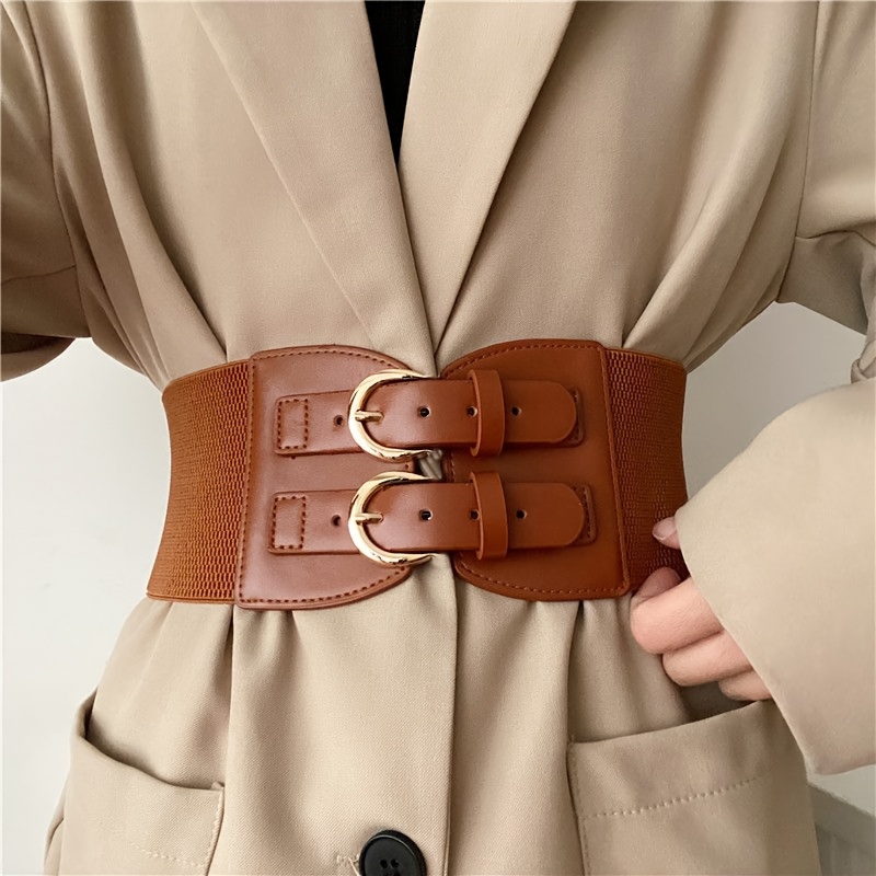 

Double Metal Buckle Wide Corset Belt Casual Simple Elastic Waistband Dress Shirt Coat Suit Clothes Accessories For Women