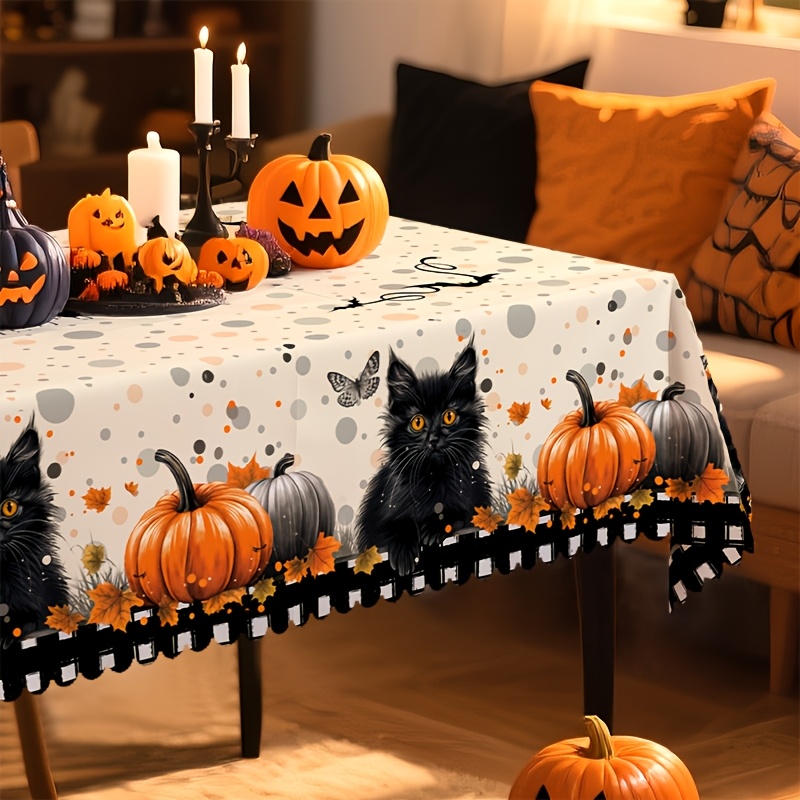 Halloween Black Cat Pumpkin Tablecloth Autumn Maple Leaf Polka Dot Black And White Lace Fabric Tablecloth Festival Party Dining Table Decoration
