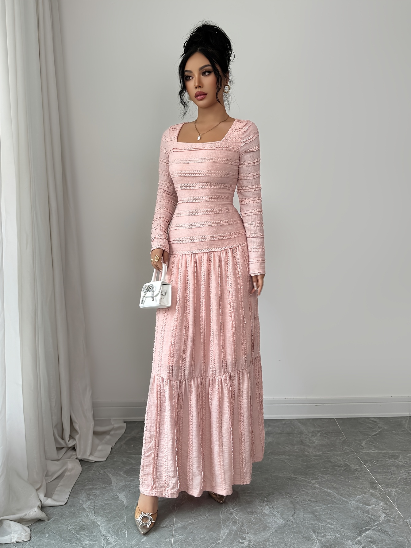 ladies long sleeve bodycon dress neckline lace trim - Temu Bahrain