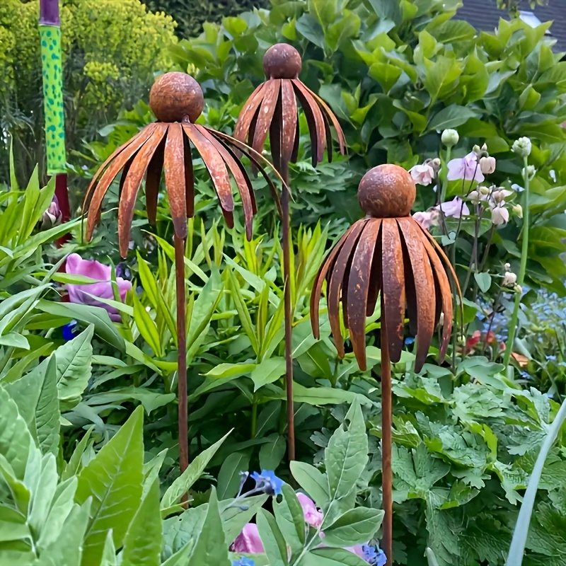 【3d】 [3d] moderner gartenstake im eisenkunst-stil - rustikale braune außendekoration, stabiler blumenturm zum sitzen im   mit blattförmigem oberteil und sphärischer beiger kappe, langlebige metallpflanze,   für blumentöpfe, balkone, terrassen