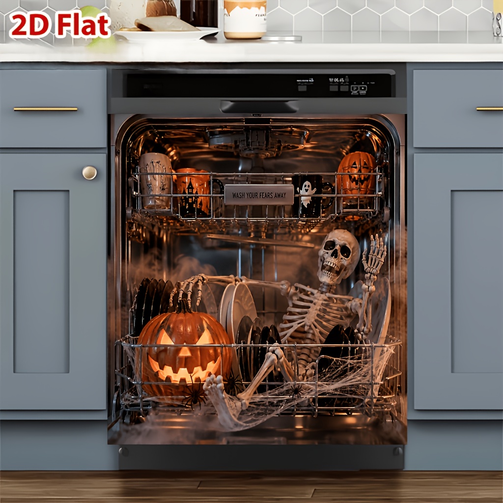 TEMU 2d Flat, 1pc Dishwasher Door Cover Sticker, Halloween Pumpkin And Pattern, Reusable, Scratch-resistant And Easy To Clean, 23 X 25., Suitable For