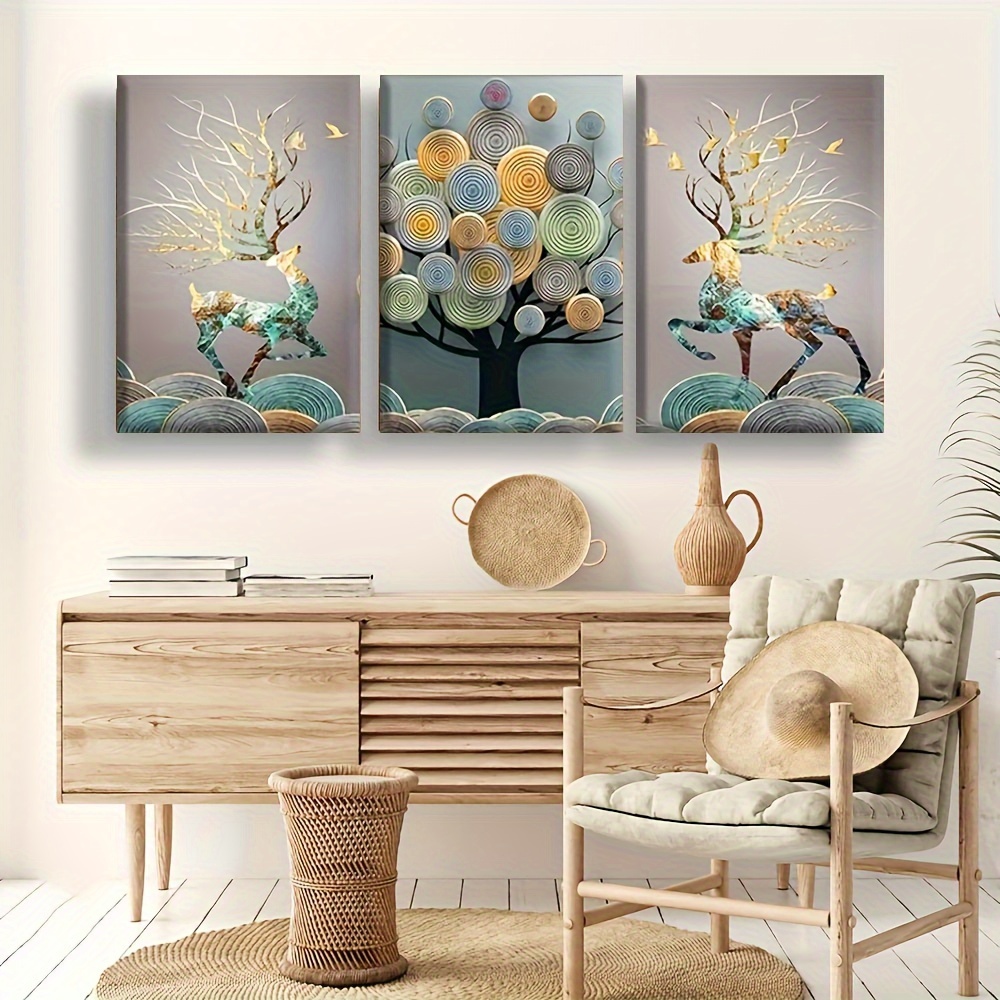 

3pcs Abstract Chinese Feng Shui Golden Rich Tree Wall Art Canvas Painting, Art For Living Room Cuadros Decor, Wooden Frame - Thickness 1.5inch