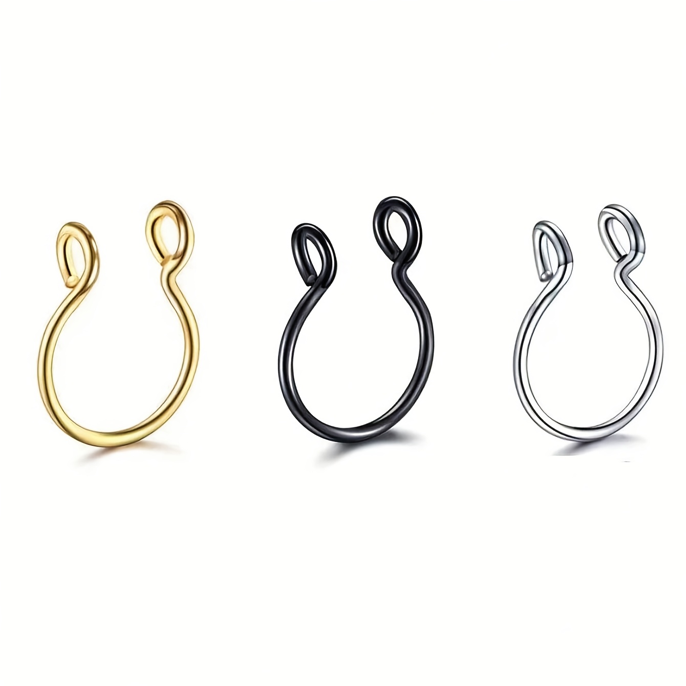 Image of 1/3/5pcs Women Fake Nose Ring, Stainless Steel Round Faux Lip Ring Earring Nose Ring, Punk Style Non Piercing Clip On Nose Ring, Body Piercing Jewelry Gift
