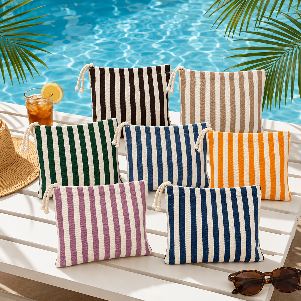 TEMU 7pcs Makeup Bag Zipper Bag Portable Toilet Bag Striped Style For Travel And Vacation Use