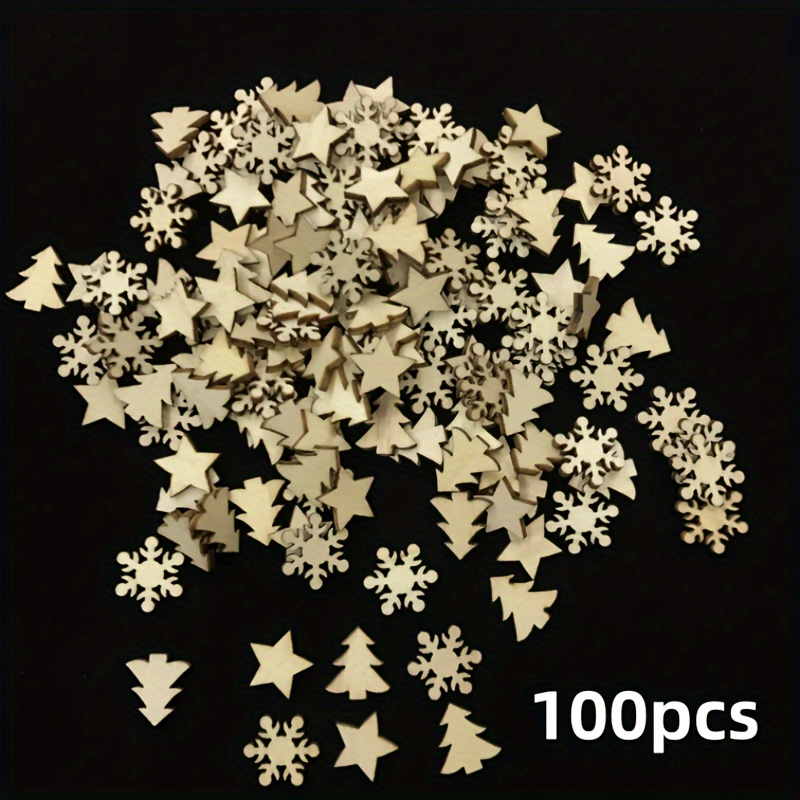 Image of 100pcs Festive Wooden Craft Set - Mini Christmas Tree, Snowflake & Star Cutouts In Natural Wood For Diy Holiday Projects & Wedding Decorations
