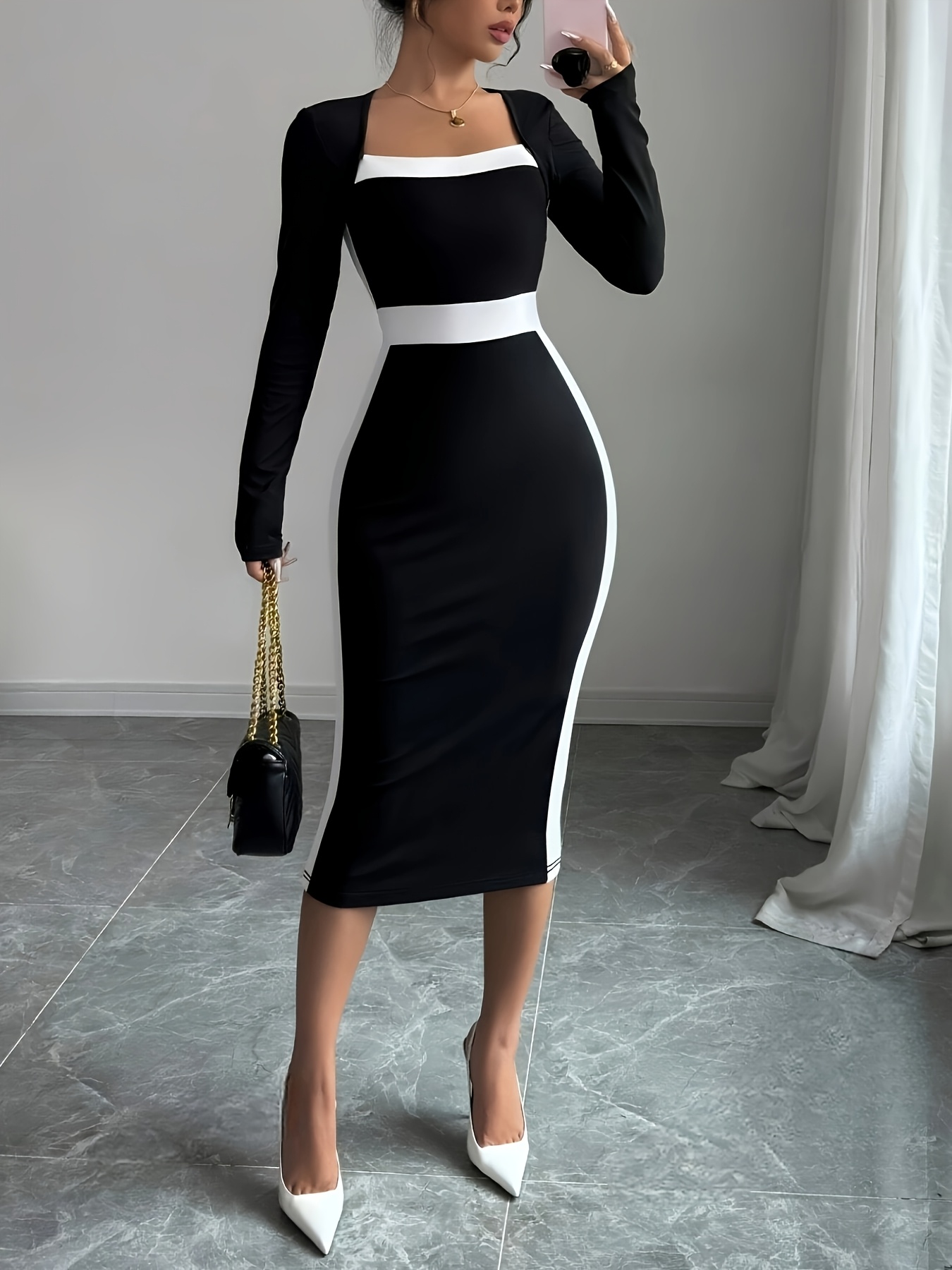 women's black and white bodycon midi dress: square - neck, long - sleeve  with stylish color - - women's clothing - Temu