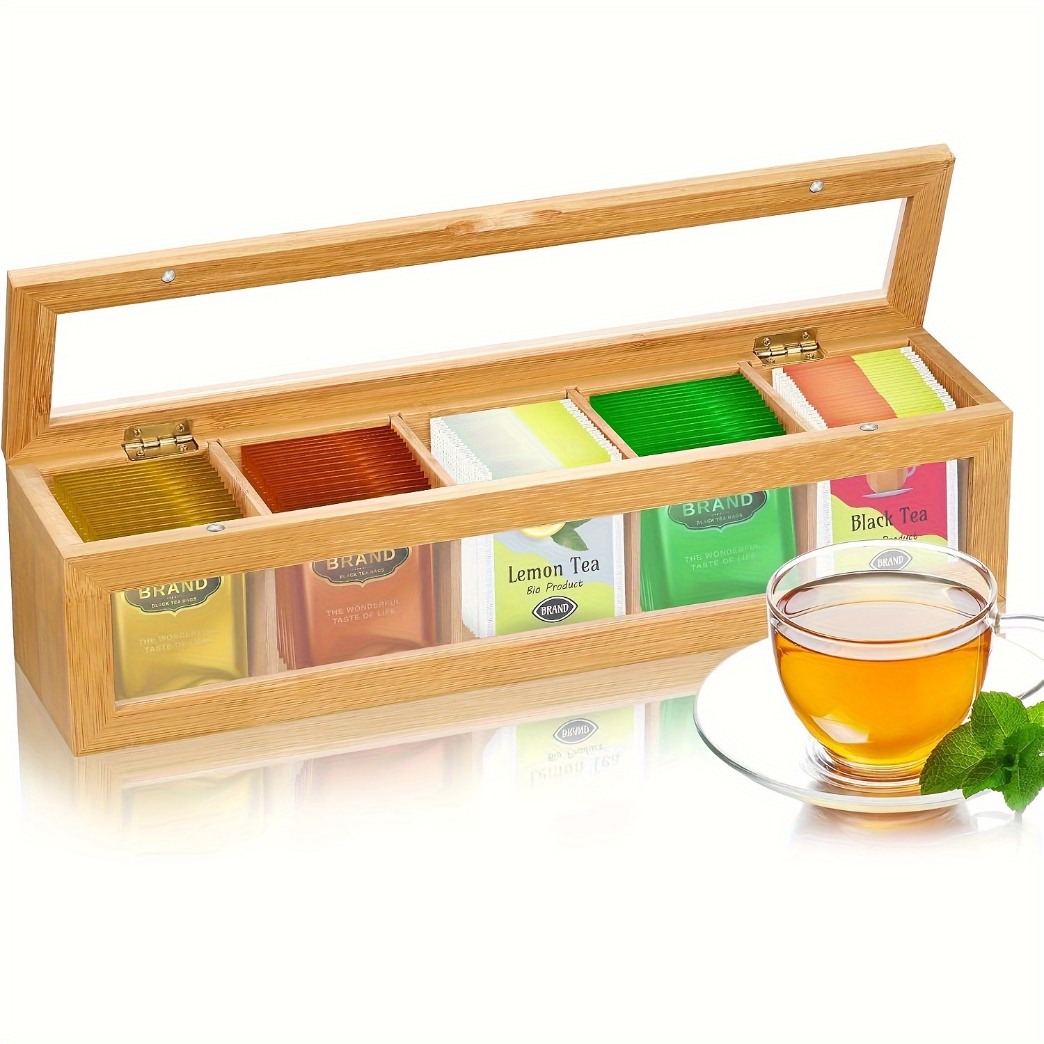 

Bamboo Organizer, Wooden Tea Box With 5 Compartments Tea Storage Organizer With Clear Acrylic Window Tea Chest With Magnet Lid Organize Tea, Jewelry