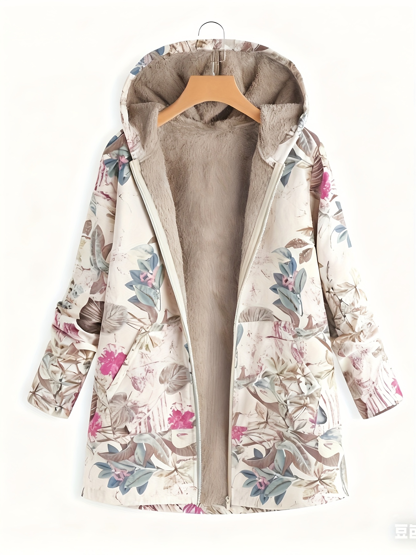 womens fashion winter hooded long sleeve zipper floral print jacket coat