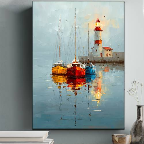 2d flat 2d flat 2d flat 1pc with frame 12x16inch 2d flat vintage sailing boats on oil painting coastal reflection nautical art boats and lighthouse in background
