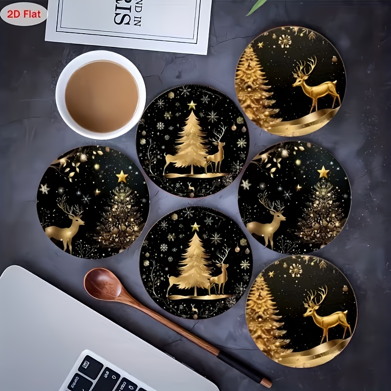 TEMU 6pcs Set Of Elegant Golden Christmas Tree Wooden Coasters, Festive Holiday Design With Snowflakes And Pine Cones, Suitable For Tea, Coffee, Or