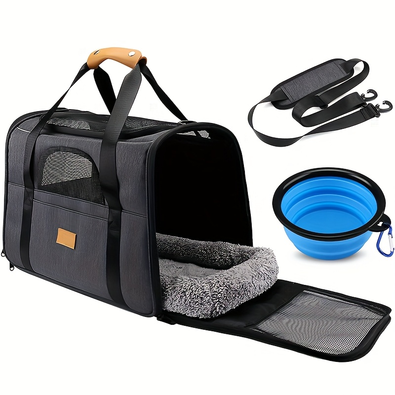 Image of 1 Pack Of Portable Pet Travel Carrier Bag, Top Opening, Zipper, Removable Washable Mat, Breathable Mesh, Foldable Transport Carrier With Shoulder Strap And Pet Bowl