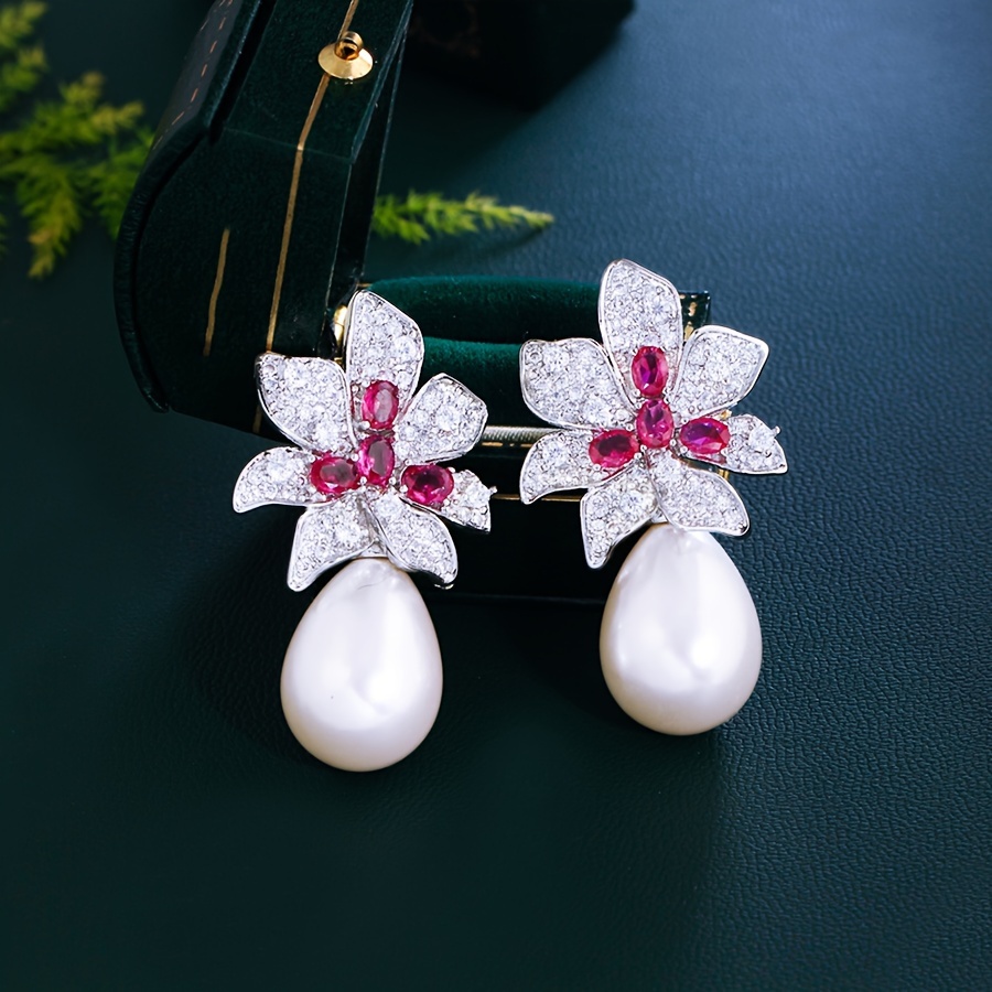 

Elegant Dangle Earrings Sparkling Flower Design Silver Plated Paved Shining Zirconia Engaement, Wedding Jewelry Evening Party Decor