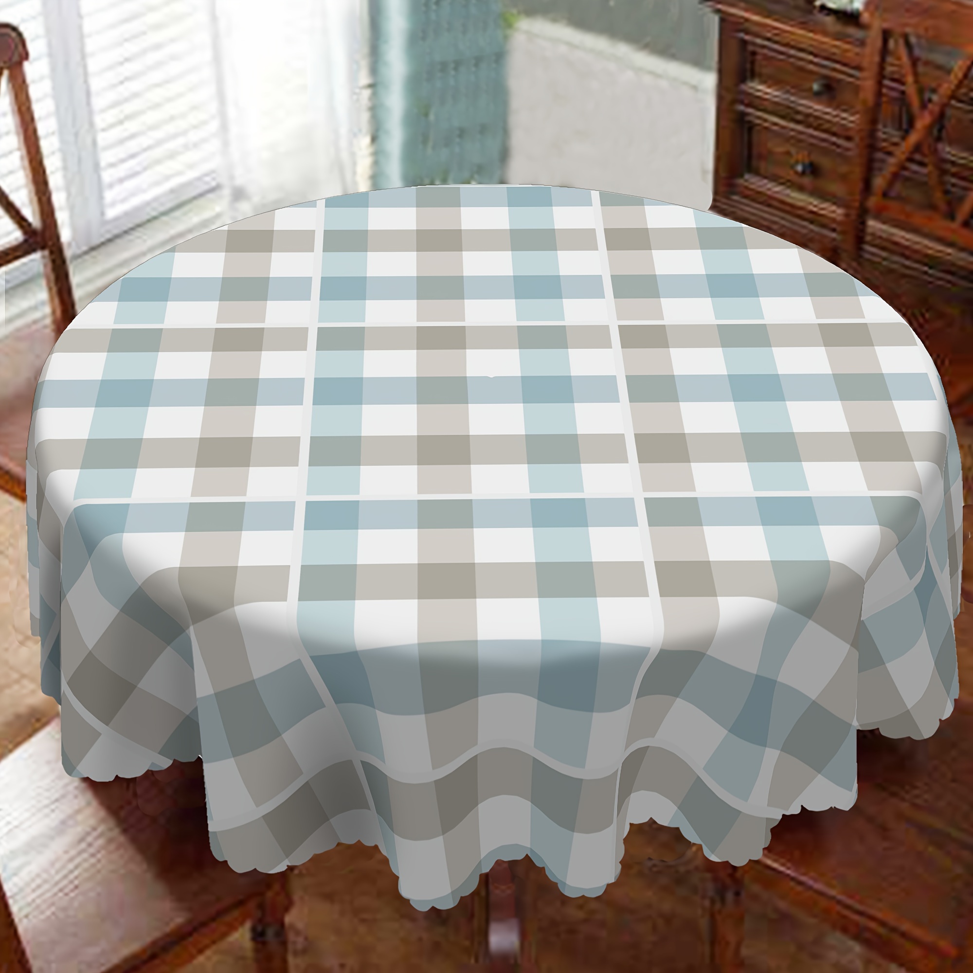 

1pc Round/square Checkered Tablecloth In White, Gray, And Blue - Wrinkle-resistant, Machine-woven Polyester, Ideal For Home Dining, Kitchen Decor, Parties, And Picnics